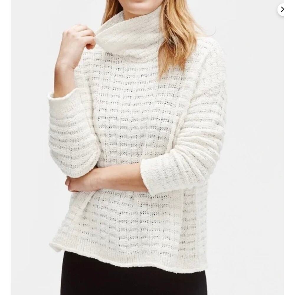 Eileen Fisher Cotton Turtleneck Waffle Knit Pullover Sweater Cream Medium